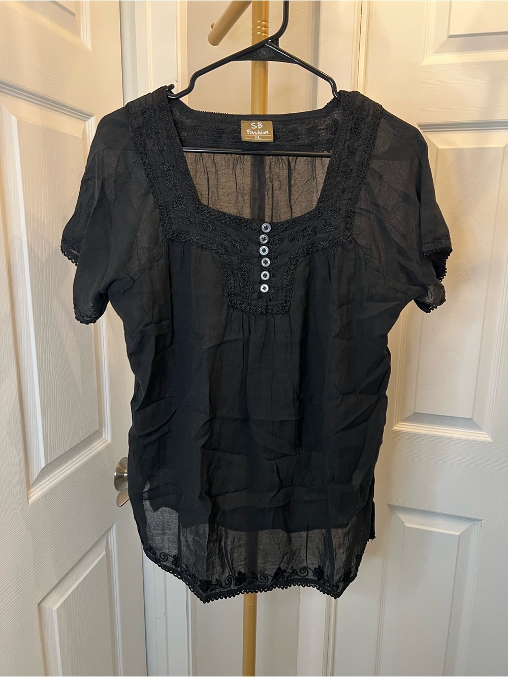 Sakkas. Black Lace-Trim Short Sleeve Peasant Blouse tons of embroidery and lined